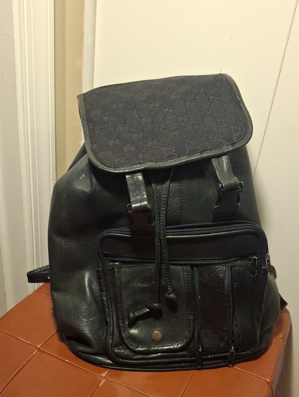 Upcycle Gucci Black Men's/Woman's Leather Drawstring Backpack